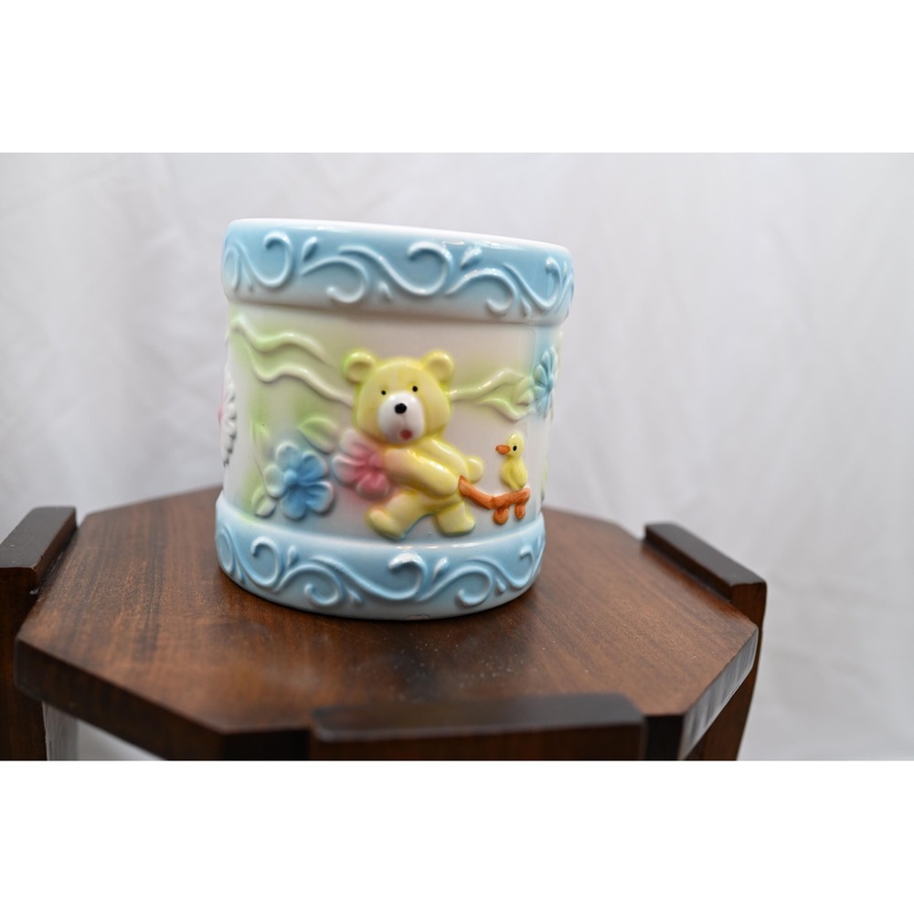 Vintage Baby Bear Ceramic Planter Nursery Decor Blue Pink Pastel 6x6